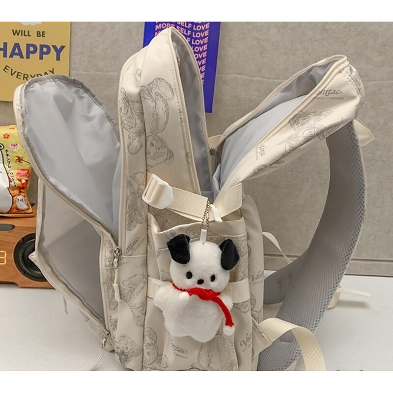 Women's Beige Printed School Backpack with Cute Plush Keychain, Lightweight Large Capacity Bookbag for Teen Girls, College, and Casual Daily Use, Available in Two Sizes3