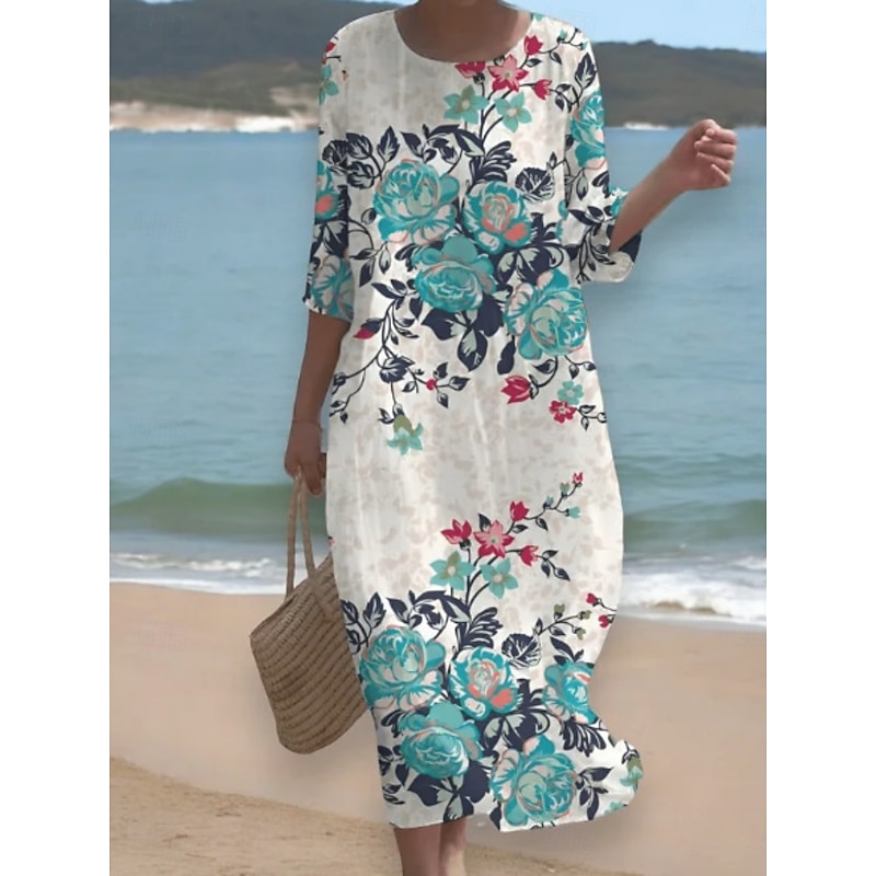 Women's Midi Dress Casual Dress Print Dress Fashion Modern Daily Beach Weekend Regular Fit Floral 3/4 Length Sleeve Crew Neck Light Green Blue Purple Green Spring Fall Autumn