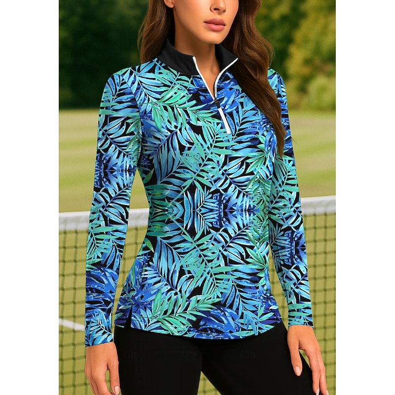 Women's Plants Tropical Floral Botanical Tops Golf Polo Shirt Tennis Shirt Long Sleeve Print Quarter Zip Pullover UPF50+ UV Protection Elastic Breathable Tennis Golf Pickleball Stand Collar Zip Collar