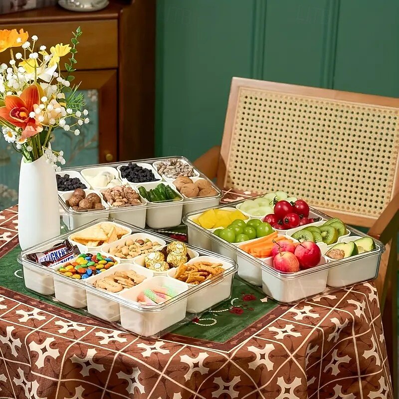 Food Storage Tray with Lid and Handle, Multi-Compartment Snack Organizer Box for Candy, Fruit, Nuts, Portable Rectangular Design, Food-Grade Material, Perfect for Parties, Weddings, and All-Season Use2