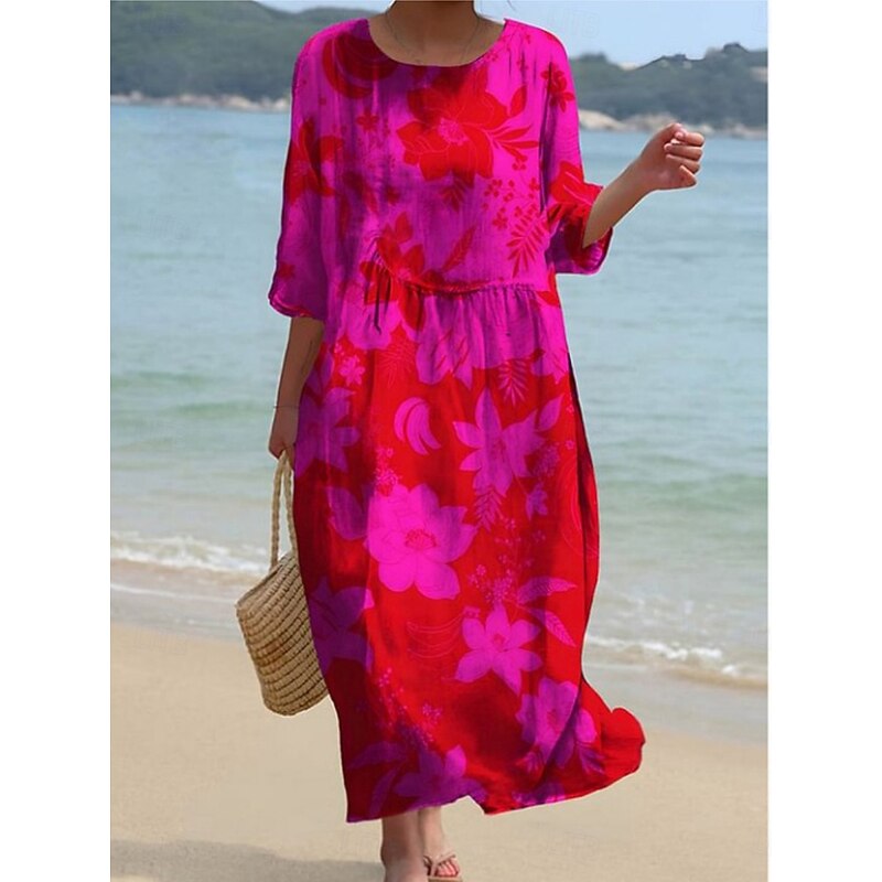 Women's Midi Dress Casual Dress Print Dress Vintage African Daily Beach Weekend Regular Fit Floral Graphic 3/4 Length Sleeve Crew Neck Red Fuchsia Brown Spring Fall Autumn3