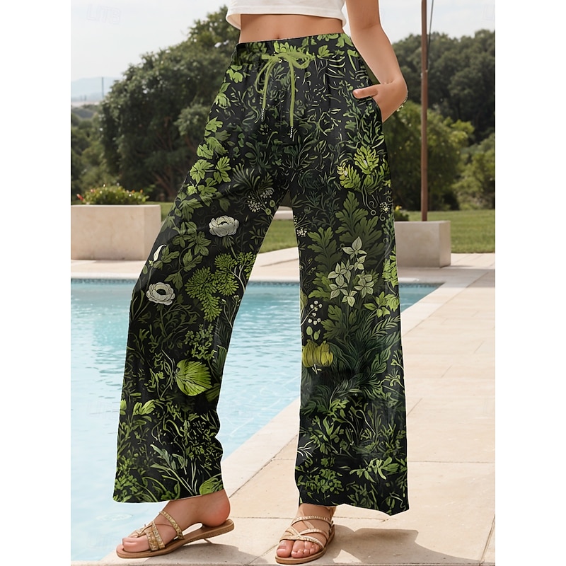 Women's Culottes Wide Leg Wide Leg Chinos Vacation Vintage Ethnic Style Full Length High Waist Floral Graphic Quick Dry Breathability Soft Inelastic Formal Outdoor Vacation Amethyst Robin's Egg Blue