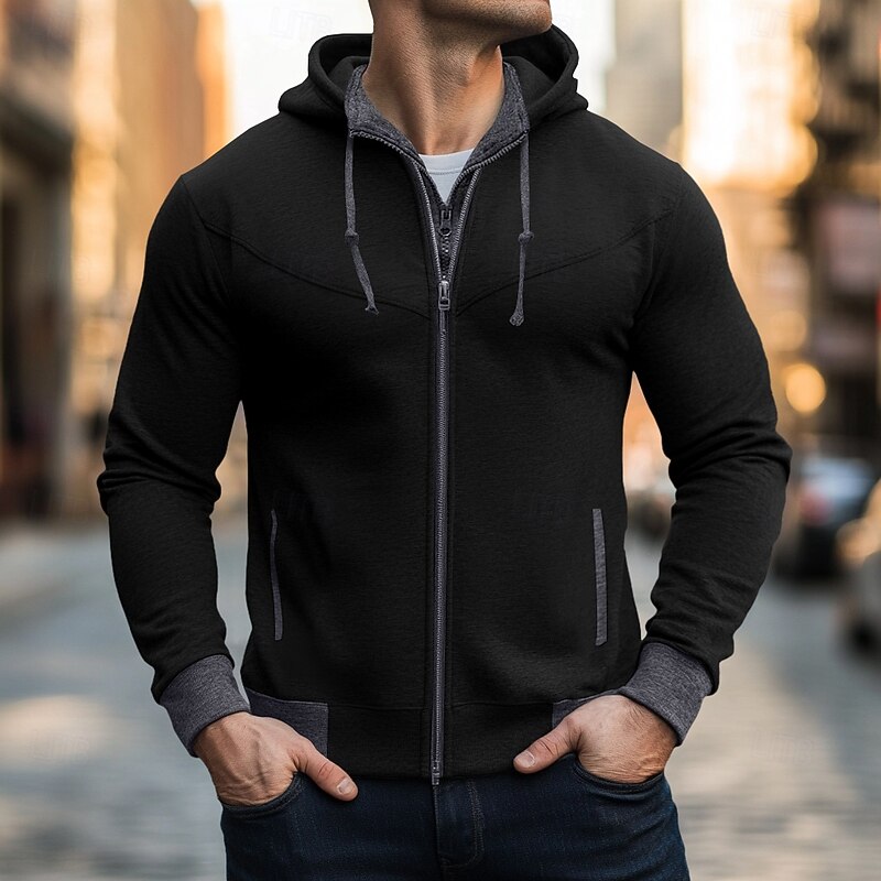 Men's Hoodie Full Zip Hoodie Black Red Dark Gray Gray Hooded Plain Patchwork Sports & Outdoor Casual Daily Streetwear Cool Designer Spring &  Fall Clothing Apparel Hoodies Sweatshirts3
