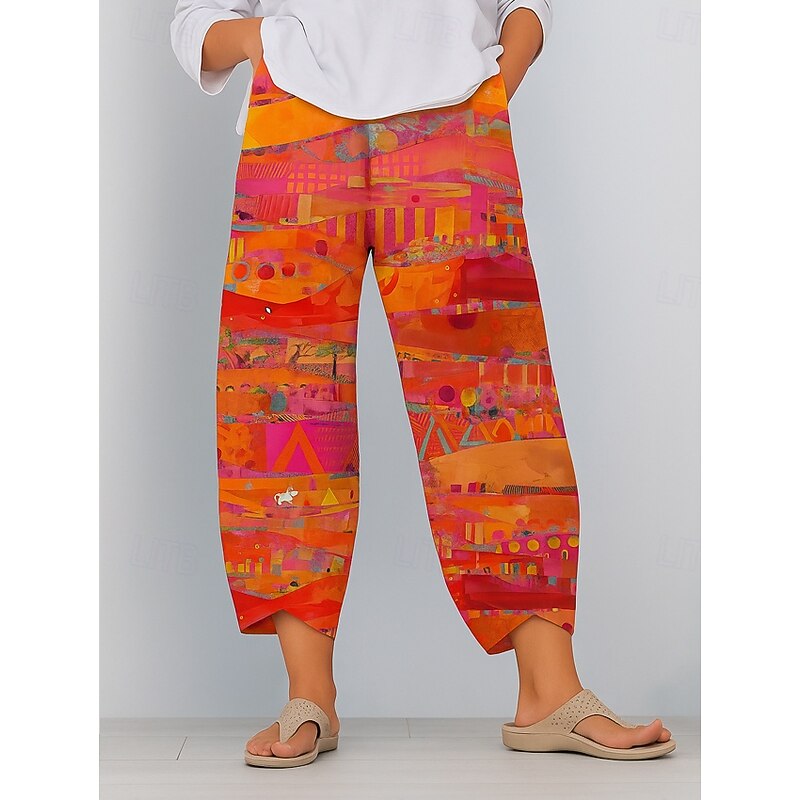 Women's Slacks Cropped Pants Vacation Vintage Ethnic Style Full Length High Waist Graphic Abstract Geometic Elastic Waistband Comfy Breathability Soft Inelastic Formal Outdoor Vacation Red Purple2