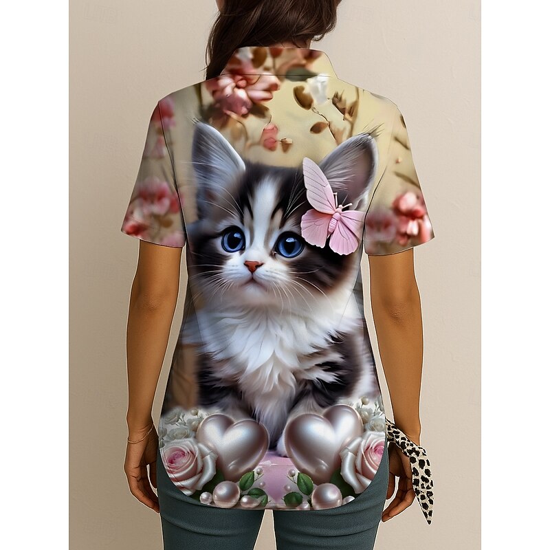 Women's Shirt Long Sleeve Button Down Blouse Graphic Animal Cat Vintage Tropical Daily Sleeveless Short Sleeve Shirt Collar Regular Tops Daily Black Yellow Pink Red Summer Spring2