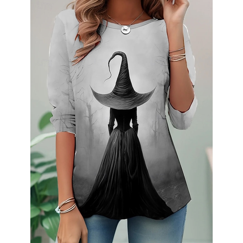 Halloween Women's T shirt Ghost Long Sleeve Crew Neck Long Sleeve Tunic Graphic Witch Vintage Stylish Round Neck Regular Tops Daily Weekend Print Blue Green Gray Fall Prefall3