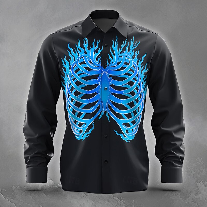 Men's Bone Flame Halloween Costumes Shirt Button Up Shirt Long Sleeve Dark Gothic Style Holiday Streetwear Summer Spring Turndown 3D Print Collared Shirts Blue Purple Orange Green2