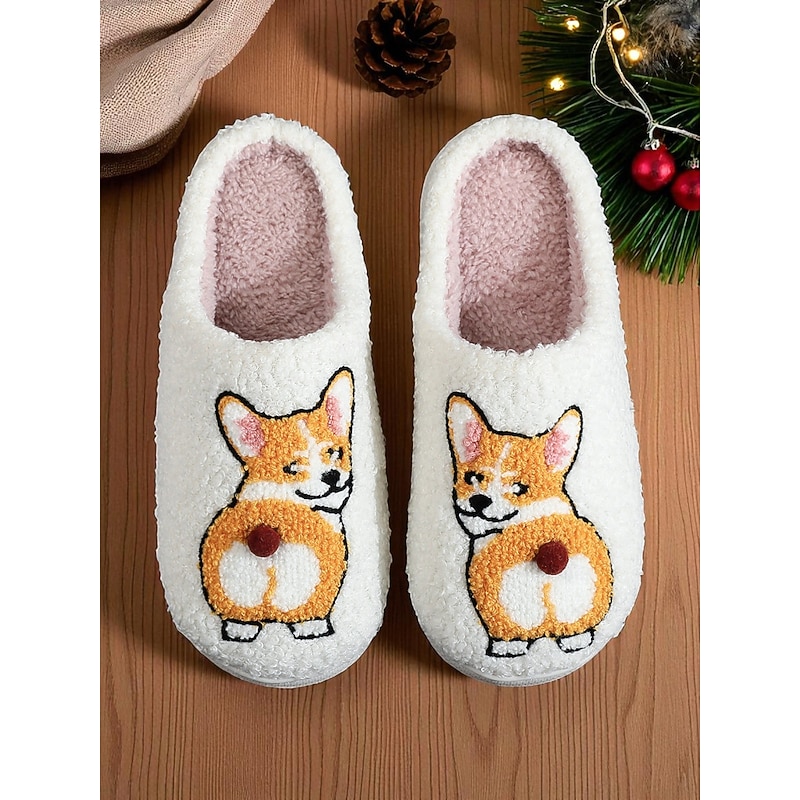 Women's Cozy Indoor Slippers with Corgi Embroidery – Cute Warm House Shoes for Winter and Lounging