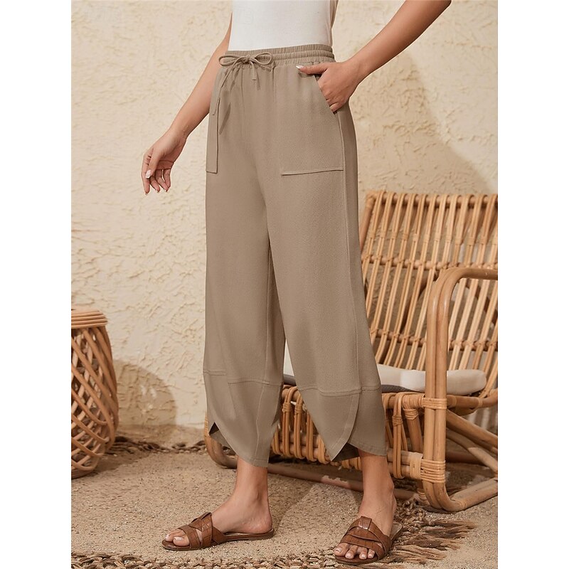 Women's Cotton Linen Pants Chinos Fashion Basic Full Length High Waist Plain Pocket Drawstring Comfort Outdoor Micro-elastic Vacation Street Daily Army Green Black Blue Khaki Summer Spring Fall Loose4