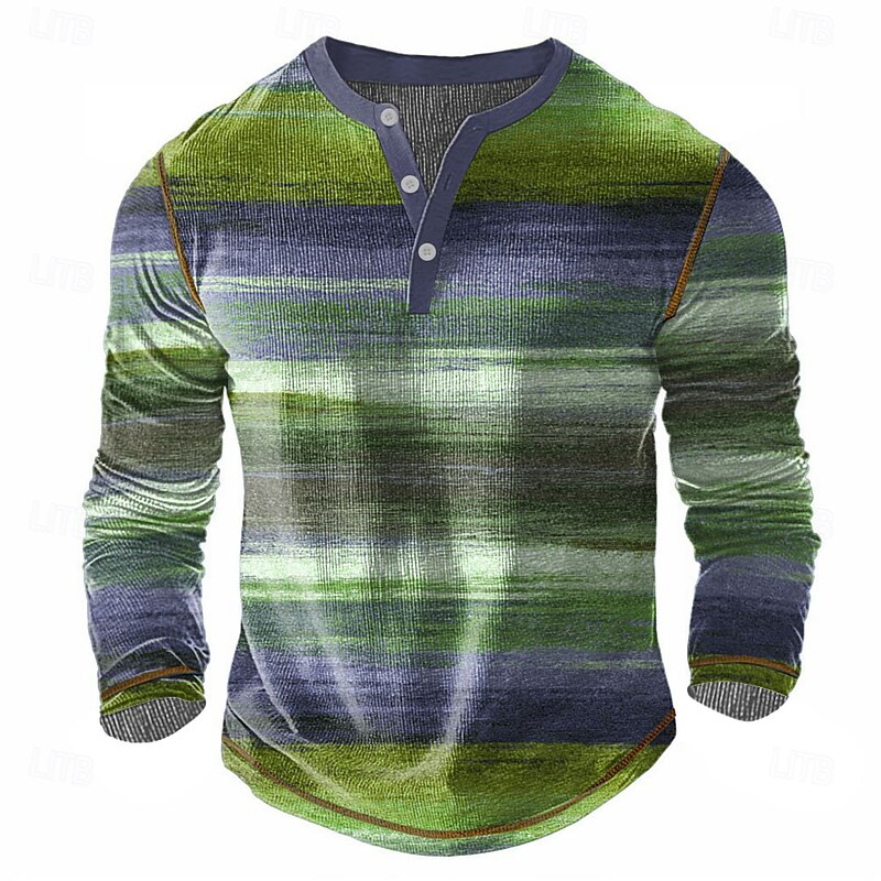 Men's Striped Henley Shirt Waffle T Shirt Long Sleeve Vintage Daily Retro Vintage Sports Outdoor Casual Holiday Spring & Summer All Seasons Blue Green Purple khaki Henley Henley T-Shirt4
