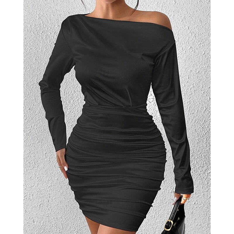 Women's Mini Dress Party Dress Ruched Dress Fashion Outdoor Party Holiday Regular Fit Plain Long Sleeve Off Shoulder Black Summer