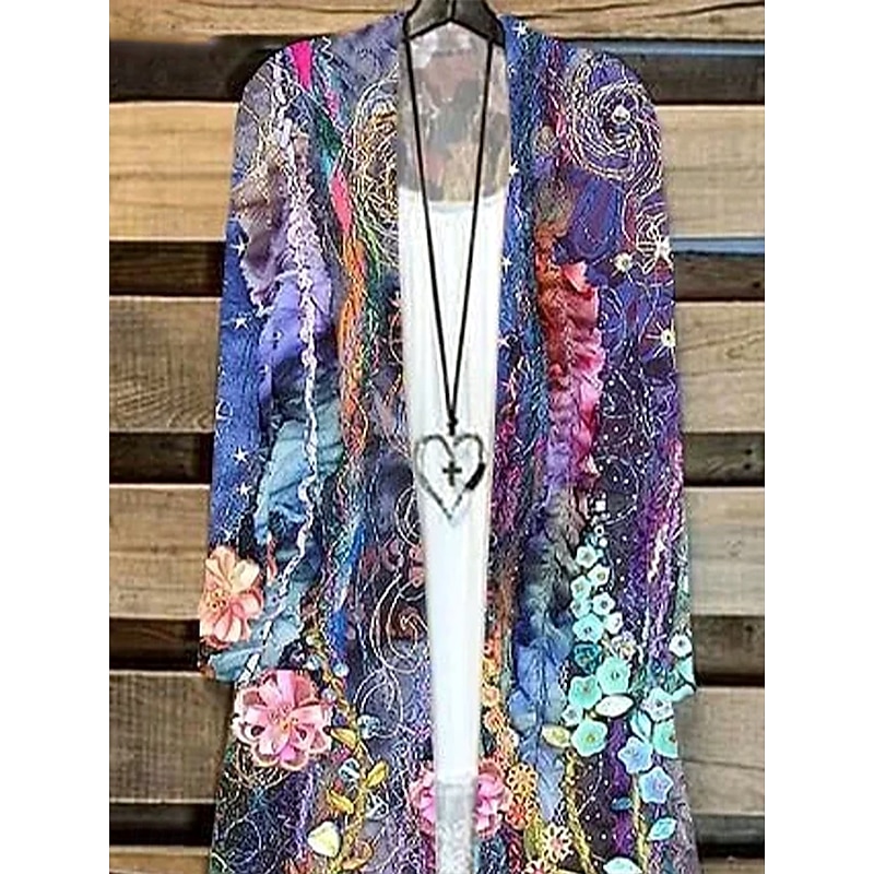 Women's Shirt Floral Graphic Abstract Elegant Stylish Basic Long Sleeve V Neck Regular Tops Daily Dusty Blue Purple Spring Fall2