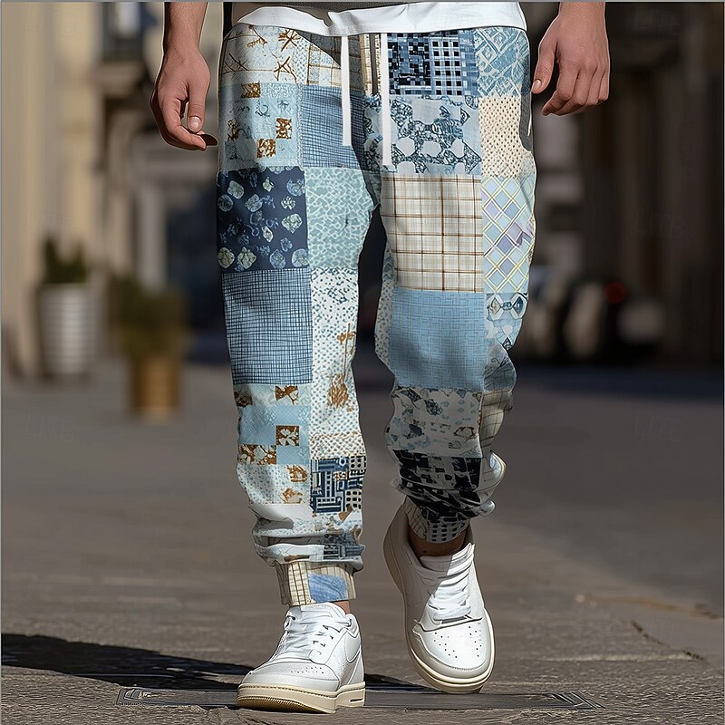 Men's Geometric Color Block Patchwork Sweatpants Joggers Trousers Mid Waist Drawstring Elastic Waist Ethnic Vintage Retro Jogging Streetwear Workout Athletic Sweatpants with Pockets Spring Fall 3D2
