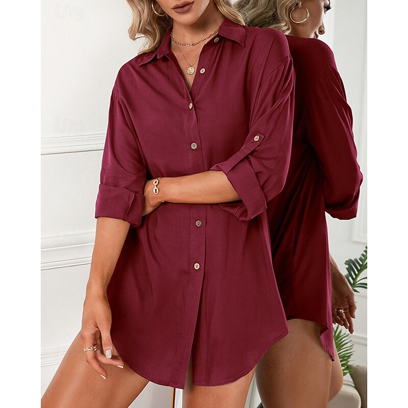 Women's Shirt Texture Blouse Plain Daily Stylish Basic Long Sleeve Shirt Collar Regular Tops Work Daily Holiday Buttons Black White Wine Spring Fall4