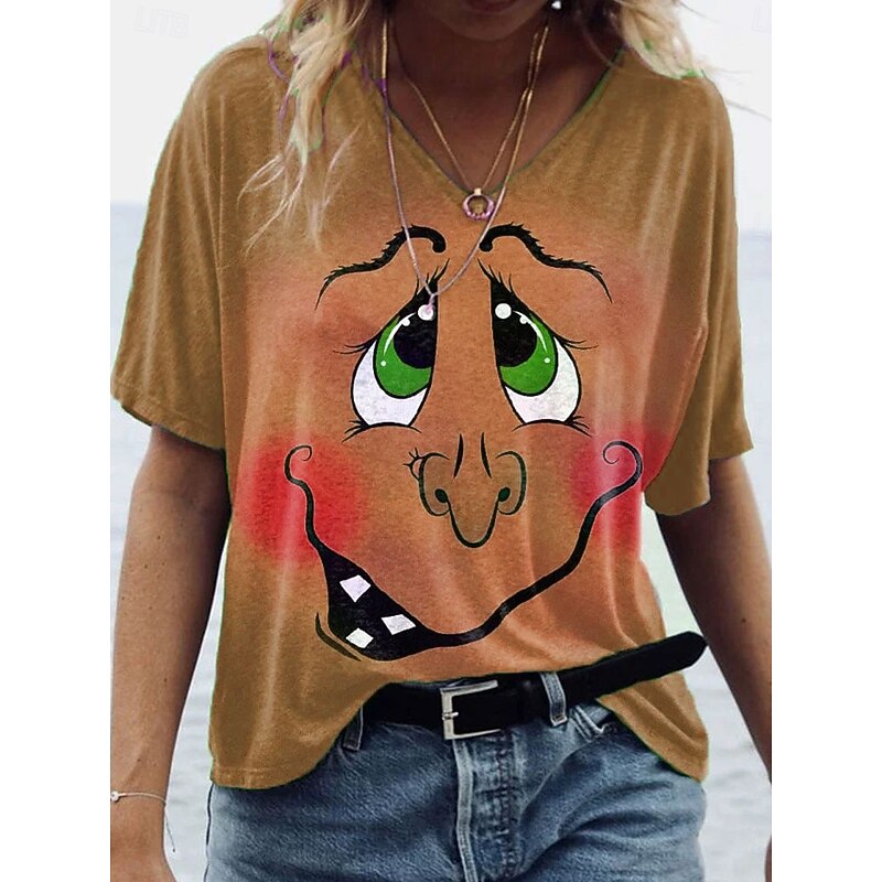 Halloween Women's T shirt Monster Graphic Witch Vintage Stylish Classic Short Sleeve V Neck Regular Tops Daily Print Blue Purple Green Khaki Summer Spring Fall4