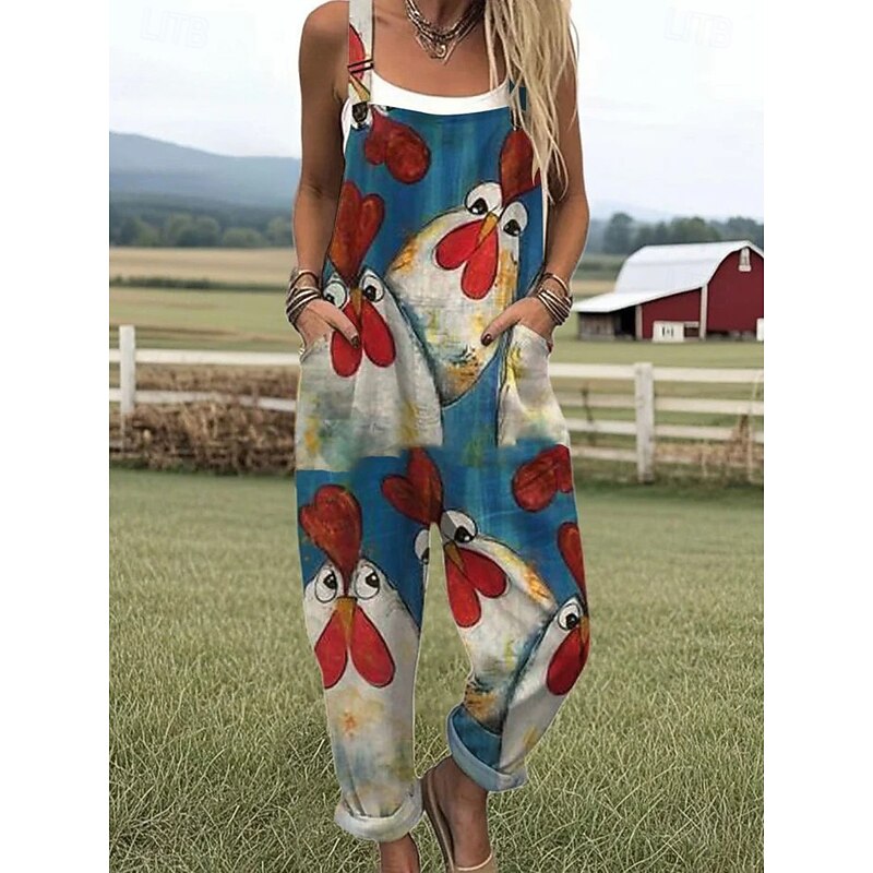 Women's Dungarees Active Animal Sleeveless Sleeveless Wide Leg Pocket Buttons Vacation Street Loose Fit White Blue Green Summer