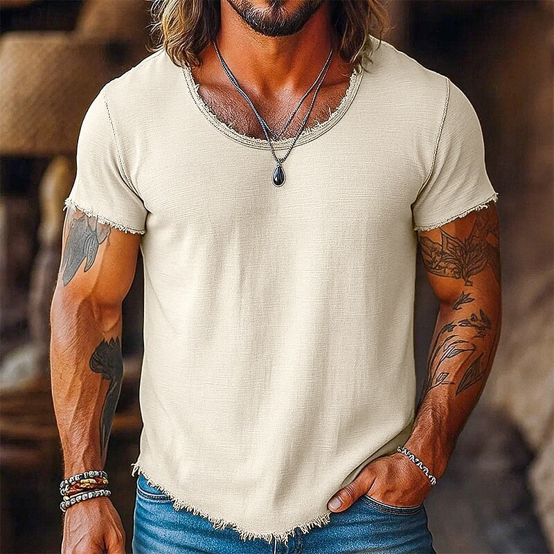 Men's Tee Top Linen T-Shirt Short Sleeve Short Sleeves Crew Neck Summer Plain Fashion Designer Basic Soft Raw Edge Vacation Street Casual White Black Pink Top Tee for Men2