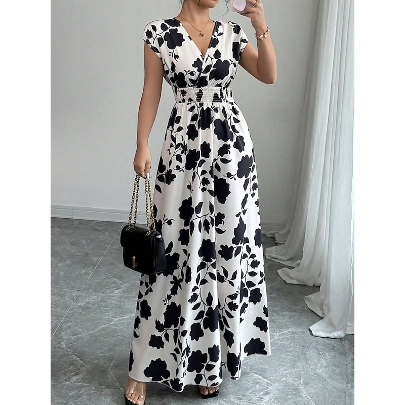 Women's Maxi Dress A Line Dress Vacation Casual Boho Outdoor Going out Standard Fit Floral Short Sleeve V Neck Black Red Blue Orange Summer3