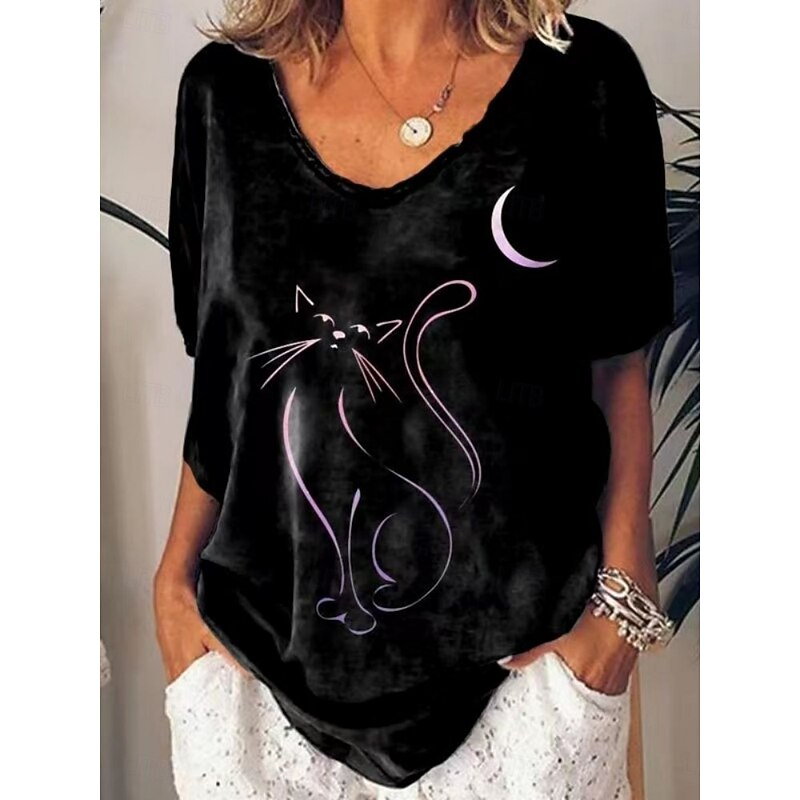 Halloween Women's T shirt Black Cat Cat Vintage Casual Short Sleeve V Neck Regular Tops Daily Weekend Print Black White Orange Green Summer4