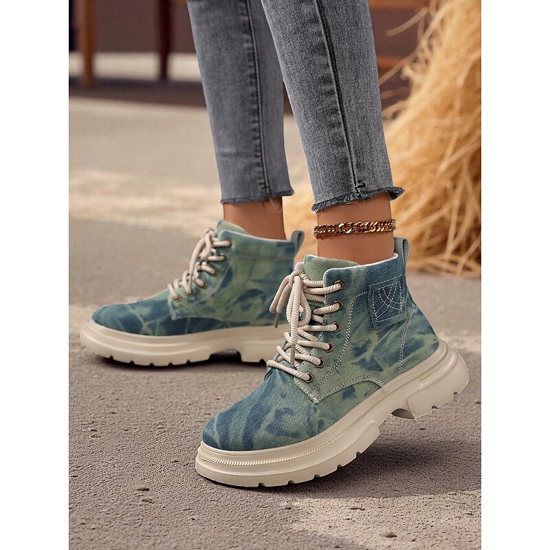 Women's Tie-Dye Denim Combat Boots – Chunky Lace-Up Streetwear Ankle Boots for Fall Hiking, Farm Days & Urban Outfits2