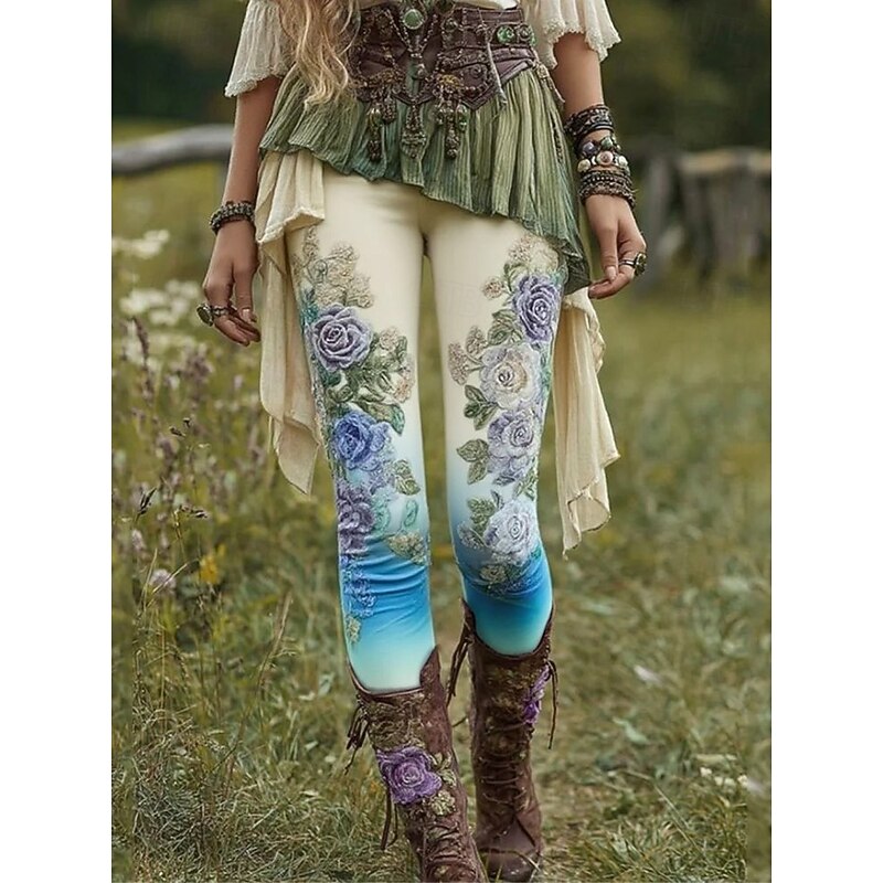 Women's Leggings Vacation Vintage Fashion Ankle-Length High WaistPantsCarnival Floral Graphic Printing Thermal Warm Soft Breathable Stretchy Outdoor Vacation Street Gray Green Amethyst Pink & Yellow3