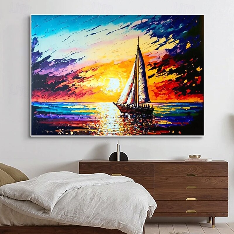 Handmade Oil Painting Canvas Wall Art Decoration Sailing Sunset Seascape for Home Decor Rolled Frameless Unstretched Painting4