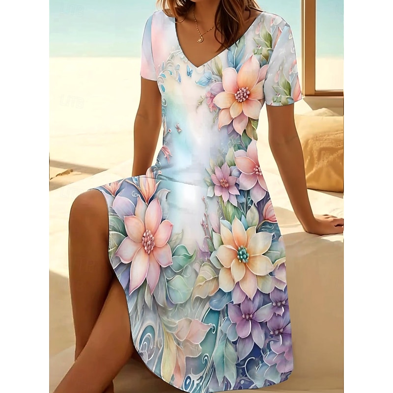 Women's Mini Dress T Shirt Dress Tee Dress Sundress A Line Dress Vacation Casual Beach Going out Beach Floral Graphic Short Sleeve V Neck Light Green Light Brown Purple Lilac Summer - Main Image