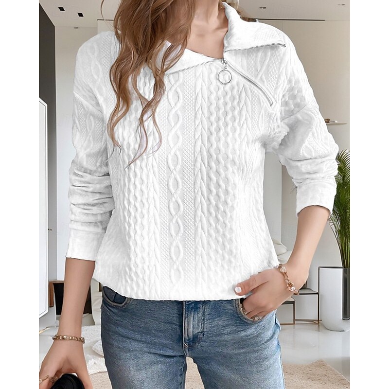 Women's Texture Sweatshirt Pullover Plain Streetwear Casual Comfy Long Sleeve V Neck Regular Tops Street Holiday Going out Half Zip Black White Gray Fall