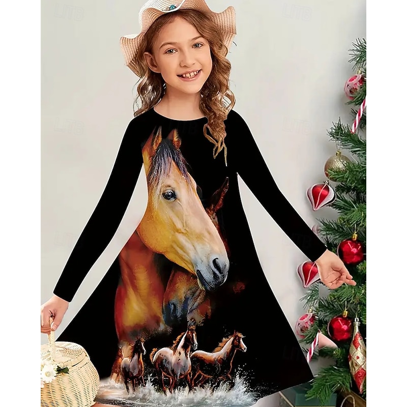 Girls' 3D Horse Dress Long Sleeve Summer Spring Vacation Daily Holiday Princess Beautiful Sweet Kids 4-12 Years Casual Dress A Line Dress Knee-length Regular Fit