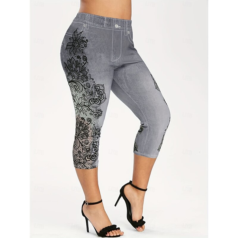 Women's 3/4 Tights Cozy Leggings Tights Athletic Calf-Length High Rise Floral Printing Comfy Butt Lift Tummy Control Yoga Casual Daily Dark red Navy Blue Blue Purple Spring Fall Skinny4