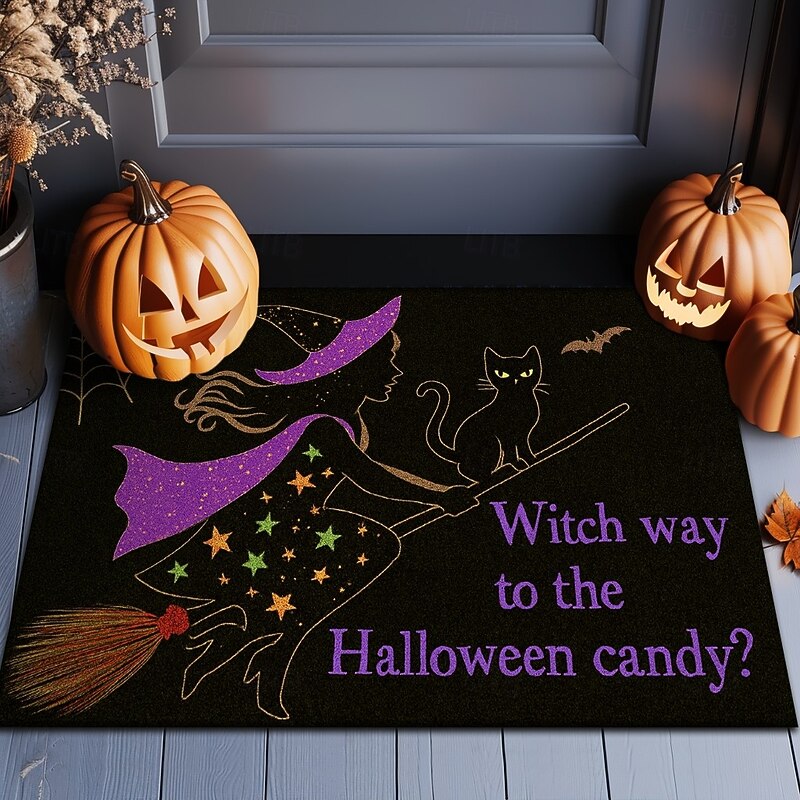 Halloween Indoor Outdoor Doormat Kitchen Mat Purple Witch Hat with Quote, Non-Slip Front Door Mat for Porch, Entryway, Patio, Bedroom, Bathroom and 2025 Halloween Home Decoration2