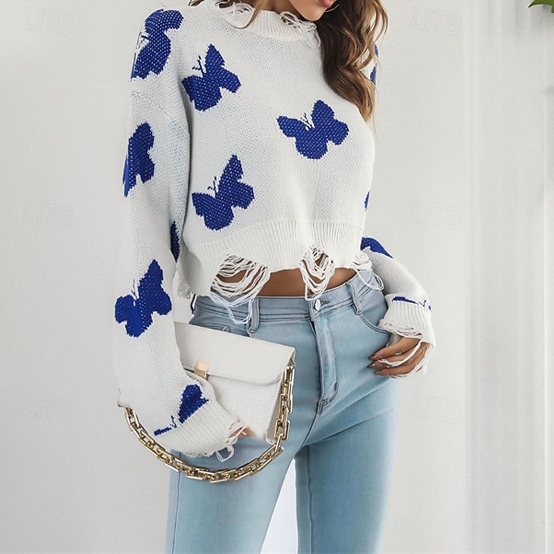 Women's Pullover Casual Butterfly Chunky Crew Neck Knitted Long Sleeve Regular Tops Knit Daily Holiday Going out Black White Fall Winter3