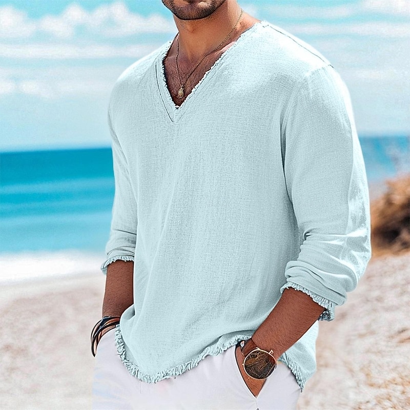 Men's Linen T-Shirt Long Sleeve V Neck Summer Spring Solid Color Vintage Bohemian Casual Raw Edge Vacation Street Casual White Pink Light Blue Top Tee for Men3