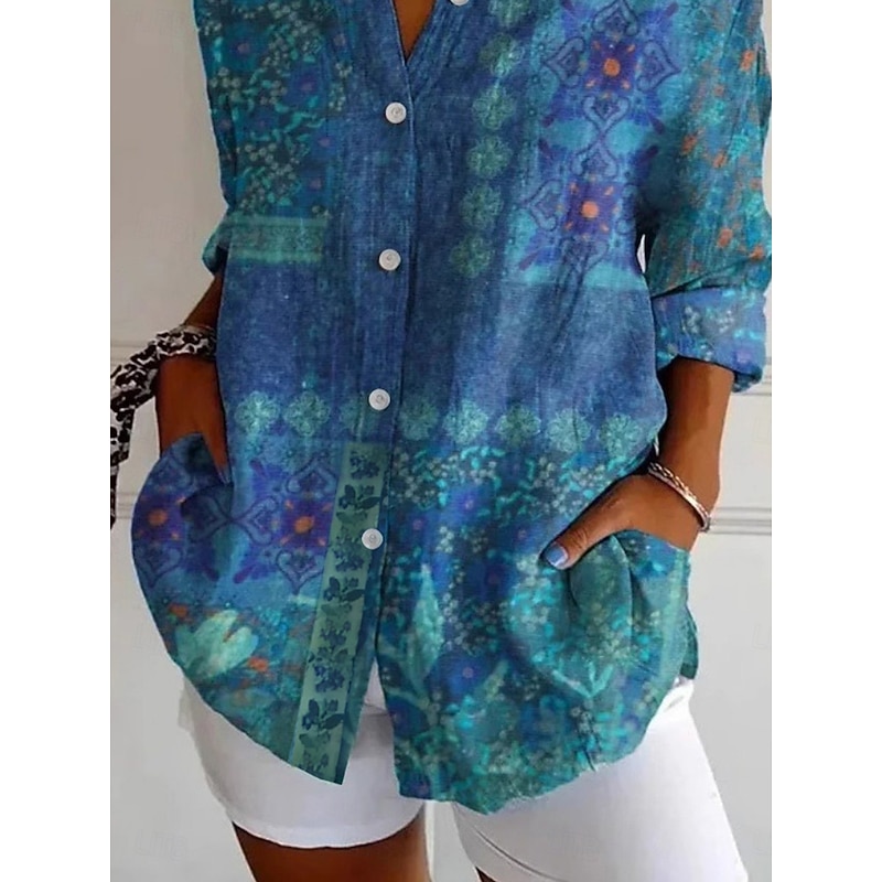 Women's Shirt Floral Graphic Vintage Ethnic Long Sleeve Shirt Collar Regular Tops Daily Holiday Buttons Print Blue Spring Fall3