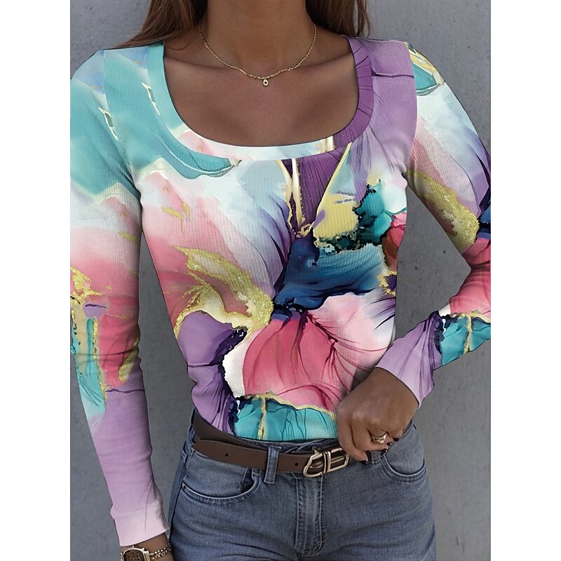 Women's T shirt Long Sleeve Ribbed Graphic Square Neck Long Sleeve Casual Ombre Abstract Regular Tops Daily Print Red Blue Green Rainbow Light Blue Spring Fall Prefall4