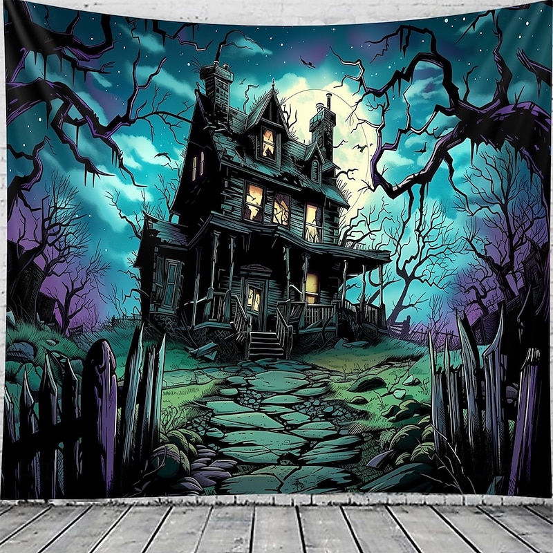 Halloween Haunted House Tapestry – Creepy Spooky Mansion Wall Art Backdrop, Large Hanging Mural Blanket Curtain for Home Bedroom Living Room  2025 Halloween Decoration4