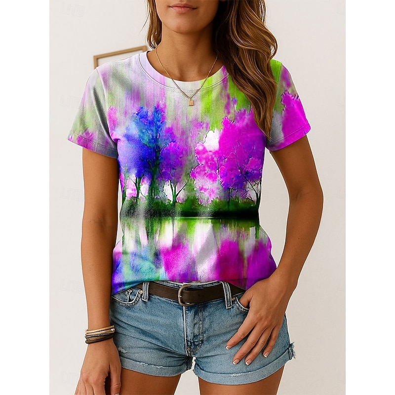 Women's T Shirt Ombre Graphic Vintage Stylish Classic Short Sleeve Crew Neck Regular Tops Daily Weekend Print Yellow Purple Orange Summer Spring4