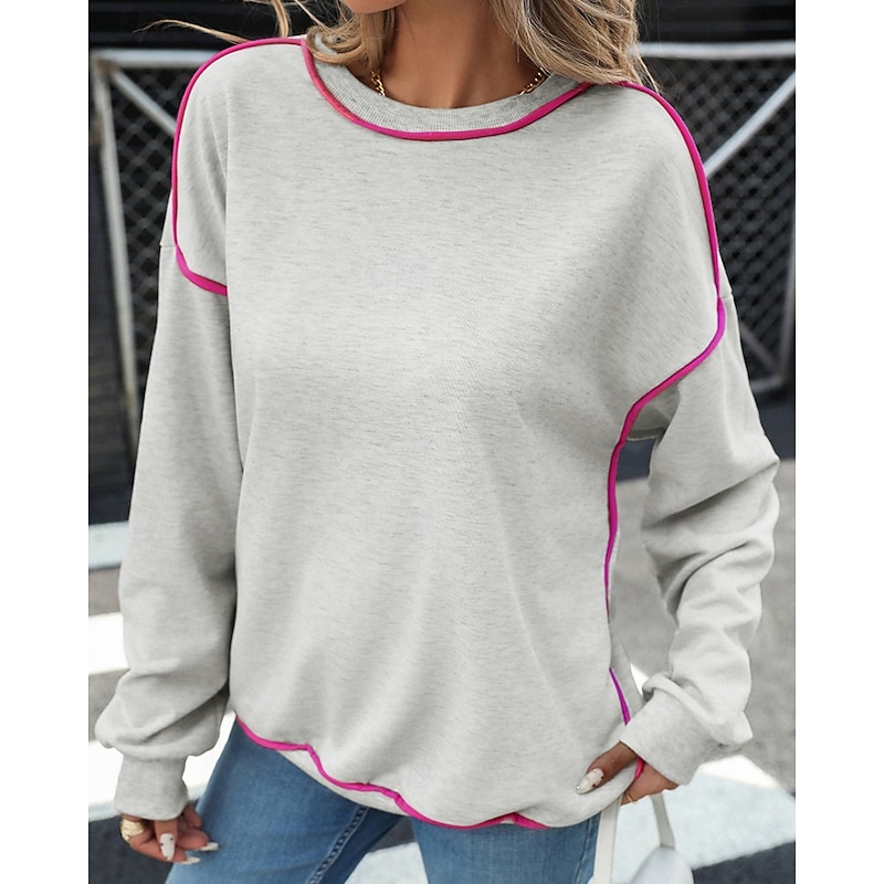 Women's Pullover Sweatshirt Sweatshirts Color Block Streetwear Casual Long Sleeve Crew Neck Regular Tops Street Going out Patchwork Light Grey Fall Winter2