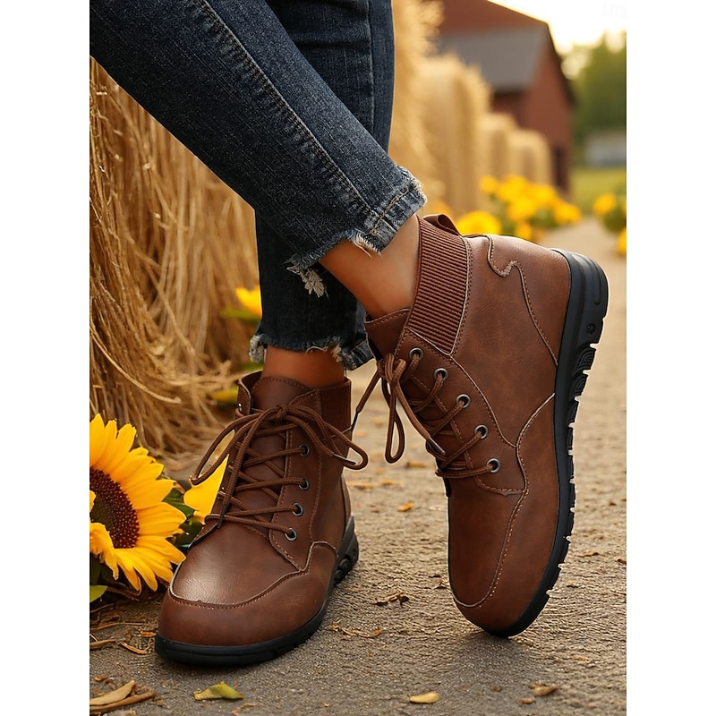 Women's Lace-Up Ankle Boots with Ribbed Collar – Stylish Outdoor Footwear for Farm Visits, Sunflower Fields and Autumn Walks2