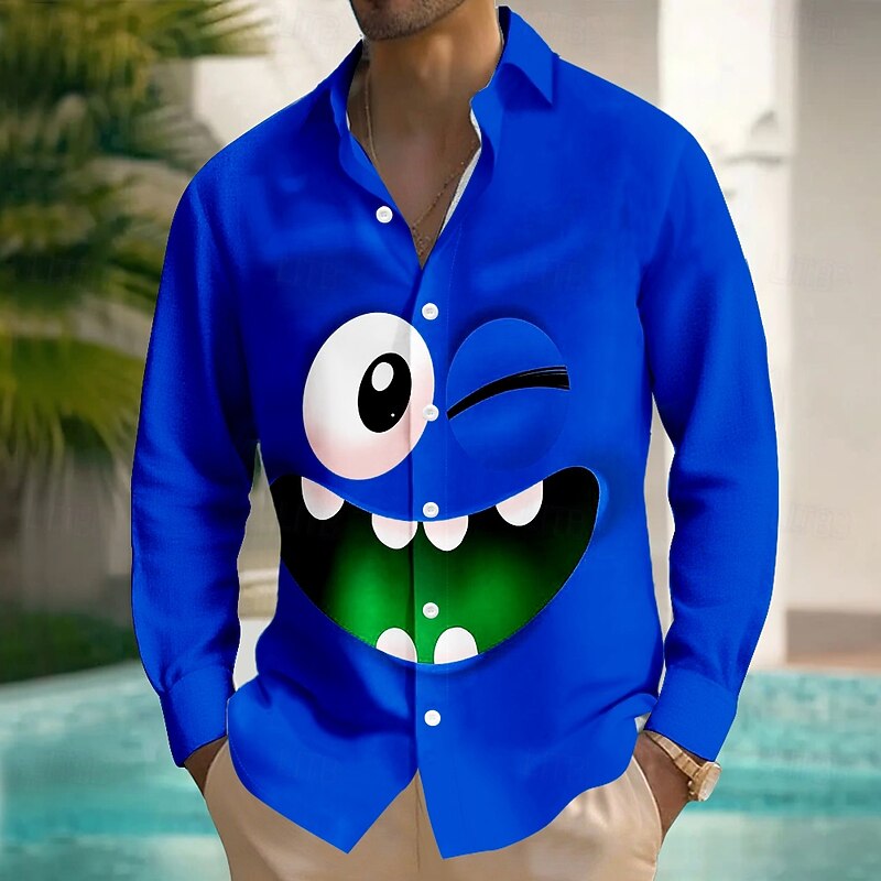 Men's Cartoon Funny Smile Face Shirt Button Up Shirt Long Sleeve Fashion Casual Outdoor Daily Streetwear Spring Fall Turndown 3D Print Front One Pocket Linen Like Shirt Red Orange Green Dark Blue2