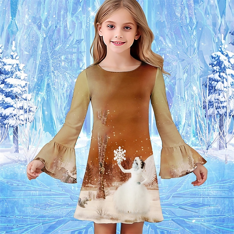 Girls' 3D Cartoon Snowflake Dress Ruffle Dress Long Sleeve Summer Spring Vacation Daily Holiday Beautiful Sweet Kids 4-12 Years Casual Dress Knee-length Regular Fit2