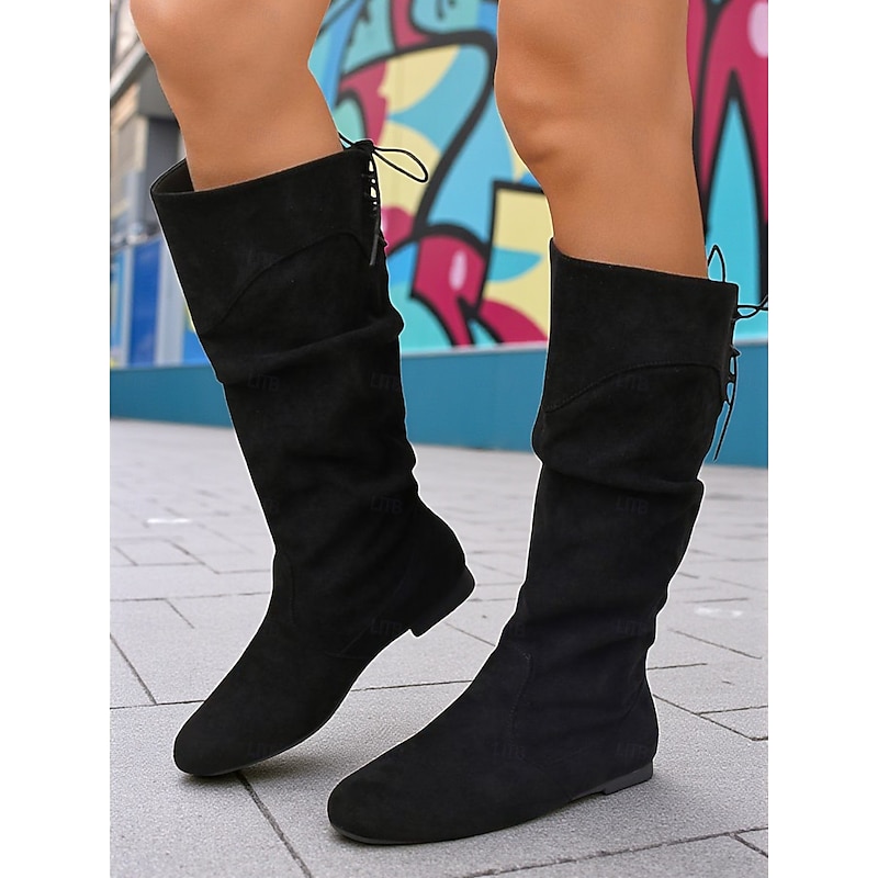 Women's Black Faux Suede Knee-High Boots with Adjustable Lacing – Stylish and Comfortable Footwear for Everyday and Casual Outings