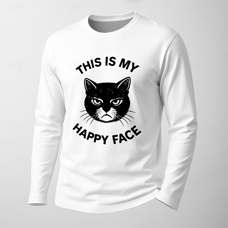 Men's Long Sleeve Graphic Tee - Grumpy Cat 'This Is My Happy Face' Funny Sarcastic Shirt