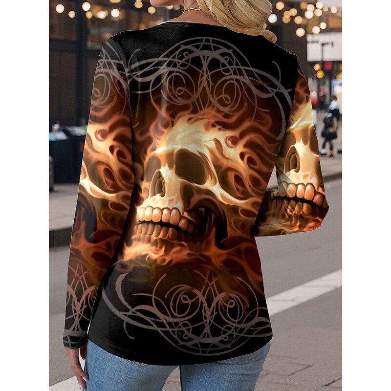 Fire  By Tom Wood Halloween Women's T Shirt Skulls Crew Neck Long Sleeve Tunic Graphic  Vintage Stylish Classic  Round Neck Regular Tops Daily Print Black Fall2