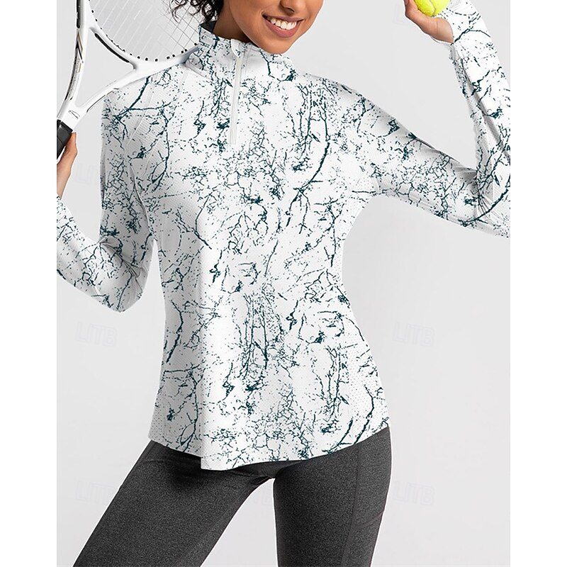 Women's Abstract Art Golf Polo Shirt Tennis Shirt Long Sleeve Print Quarter Zip Pullover UV Protection Elastic Breathable Tennis Golf Pickleball Zip Collar Shirt Polo White Purple Tennis Clothing - Main Image