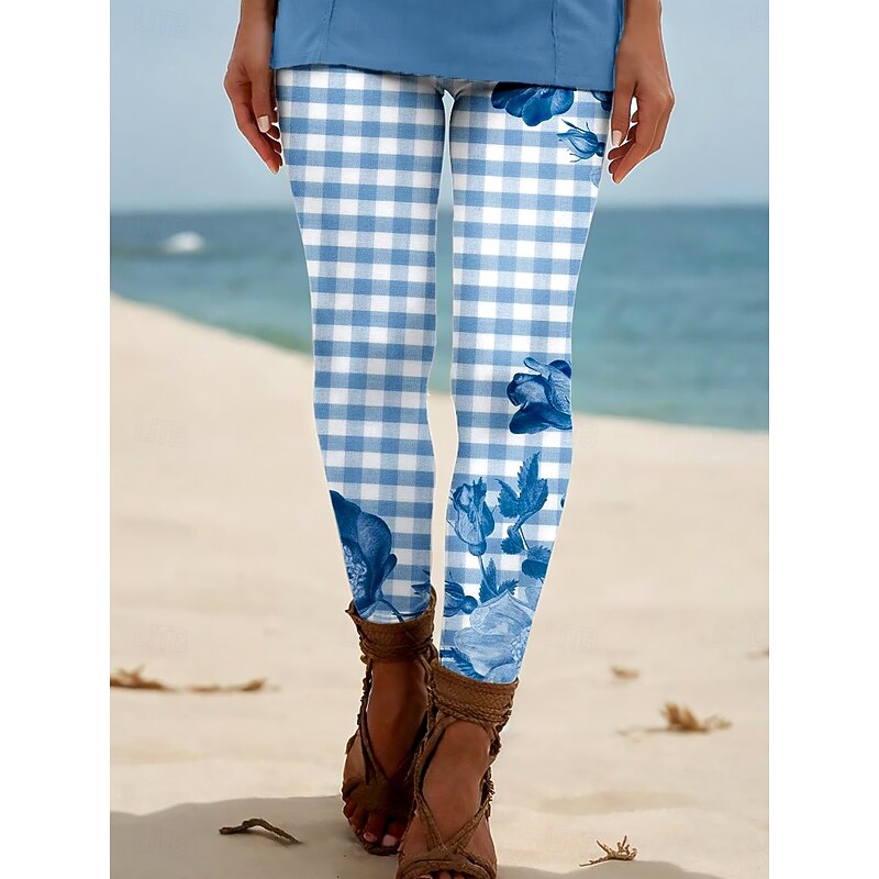 Women's Leggings Vacation Vintage Ethnic Style Ankle-Length High Waist Floral Graphic Plaid Checkered 3D Print Breathability Soft Comfortable High Elasticity Outdoor Vacation Home Light Brown Light