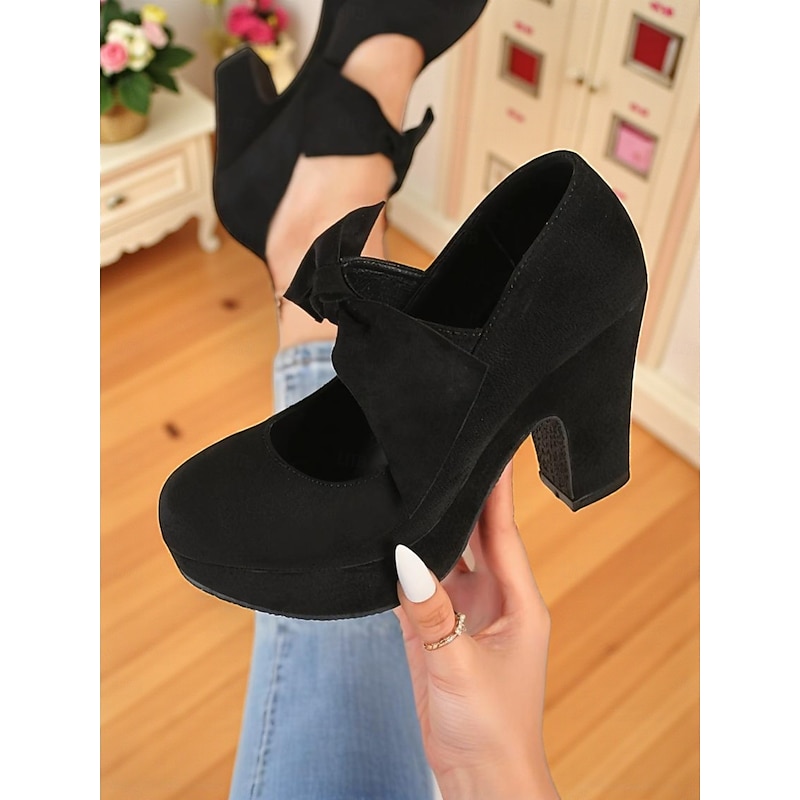 Women's Black Suede Bow Chunky Heel Pumps –1950s Vintage Round Toe Platform Shoes for Daily Wear, Casual Parties, or Retro Outfits4