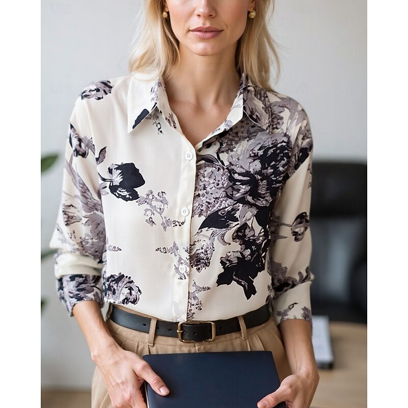 Women's Blouse Dressy Tops Chiffon Tops Floral Color Block Elegant Daily Stylish Long Sleeve Shirt Collar Regular Tops Work Daily Buttons Print White and Red Red / black Black Red Gray+White Spring3