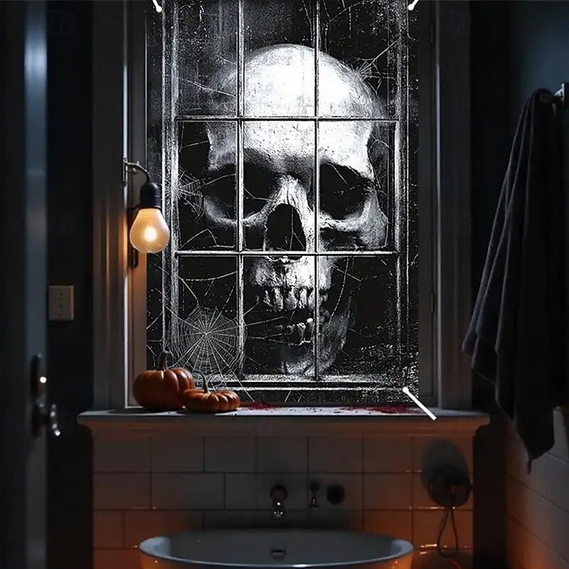 Halloween Window Curtain Giant Skull Behind Broken Glass, Creepy , Scary Door Cover, Window cover, Wall Tapestry for 2025 Halloween Spooky Home Decoration3