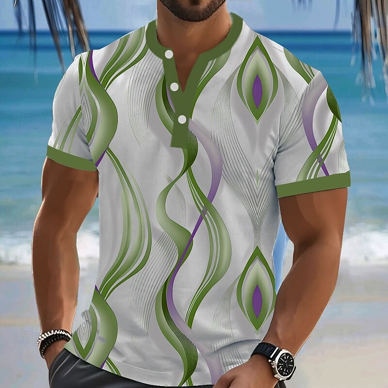 Men's Geometric Abstract T Shirt Henley Shirt Short Sleeve Designer Retro Vintage Casual Street Casual Daily Summer Spring Black Green Henley Henley T-Shirt